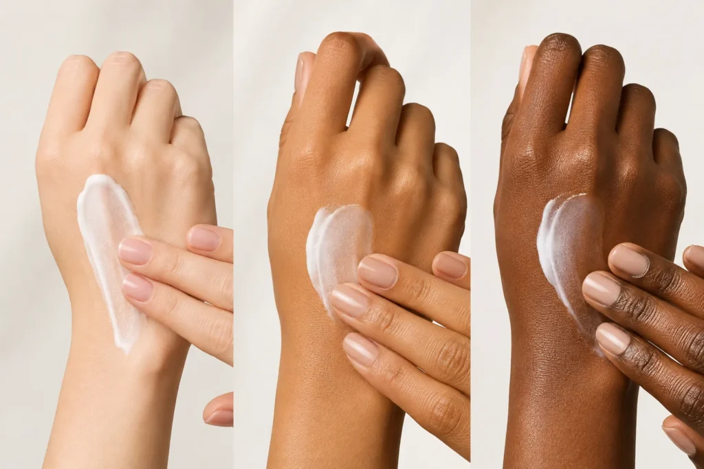 12 Sunscreen Advertisement Tips for Better Results 3 Sunscreen being applied on light, medium, and deep skin tones without white cast
