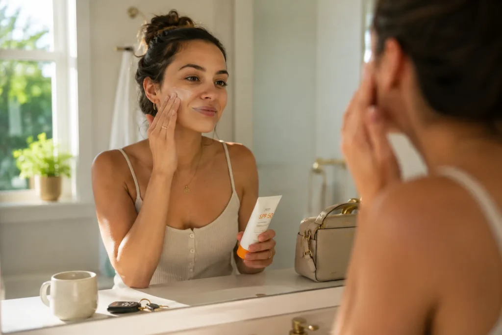 12 Sunscreen Advertisement Tips for Better Results 5 Woman applying daily sunscreen at a bathroom counter before work