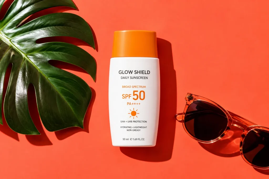 12 Sunscreen Advertisement Tips for Better Results 7 Bold flat lay of sunscreen bottle against a bright coral background