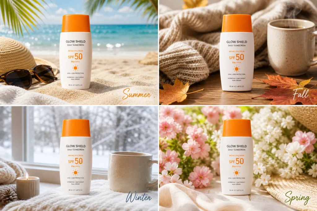 12 Sunscreen Advertisement Tips for Better Results 9 Four seasonal scenes showing sunscreen use in summer, fall, winter, and spring