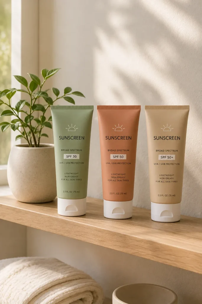 10 Sunscreen Packaging Designs You'll Want to Save 5 Matte sunscreen tubes in sage, terracotta, and beige on shelf