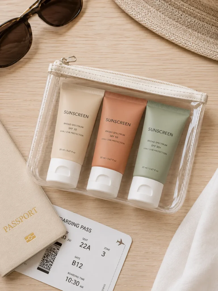 10 Sunscreen Packaging Designs You'll Want to Save 7 Travel size sunscreen tubes in clear pouch with passport