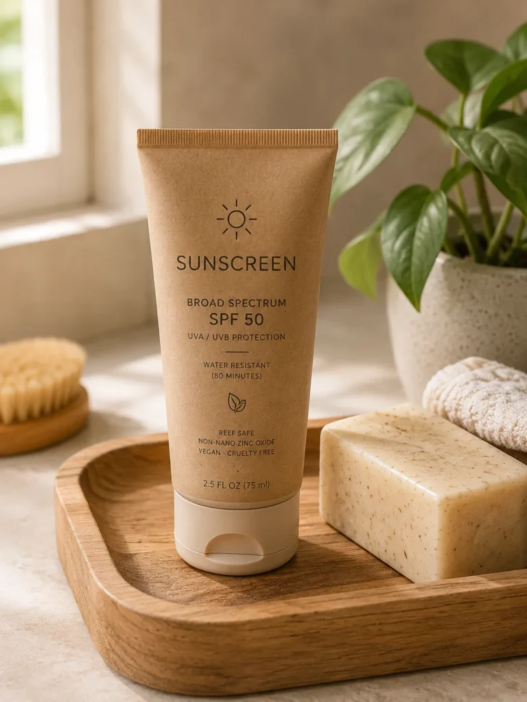 10 Sunscreen Packaging Designs You'll Want to Save 9 Recyclable paper tube sunscreen on wooden bathroom tray