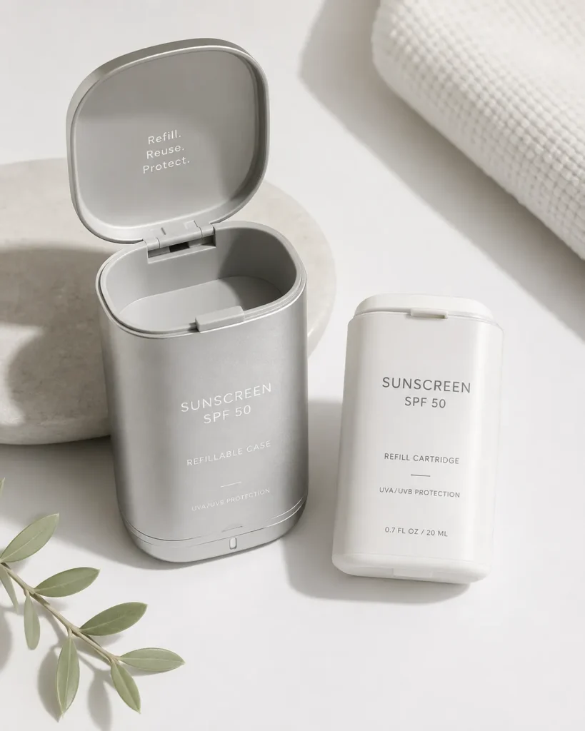 10 Sunscreen Packaging Designs You'll Want to Save 11 Refillable sunscreen case open with metal cartridge