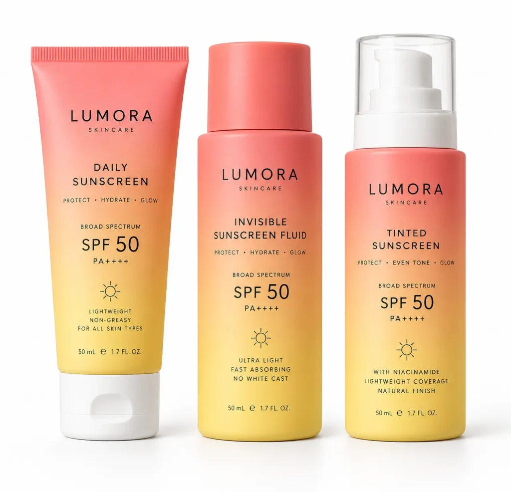 11 Sunscreen Packaging Design Ideas for Modern Brands 3 Sunscreen bottles with soft coral to yellow ombre gradient design