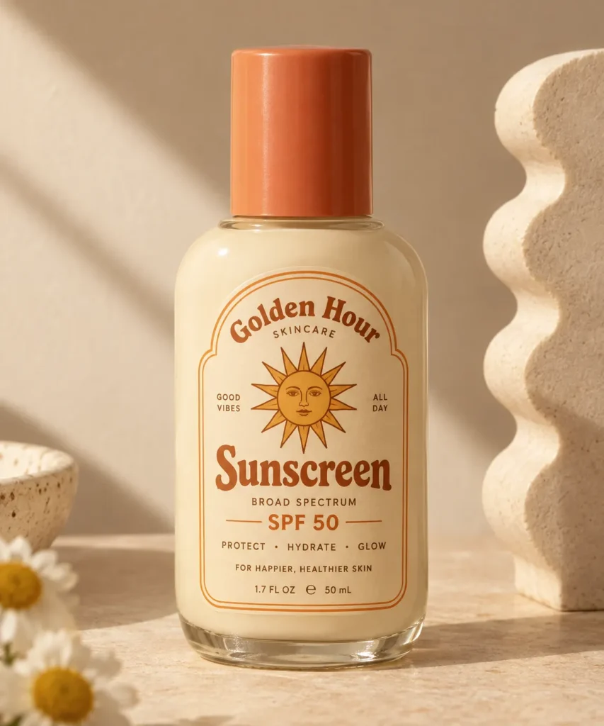 11 Sunscreen Packaging Design Ideas for Modern Brands 5 Vintage style sunscreen bottle with retro sun illustration and rounded font
