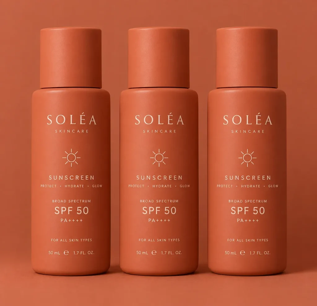 11 Sunscreen Packaging Design Ideas for Modern Brands 7 Bold terracotta color block sunscreen bottles in a row