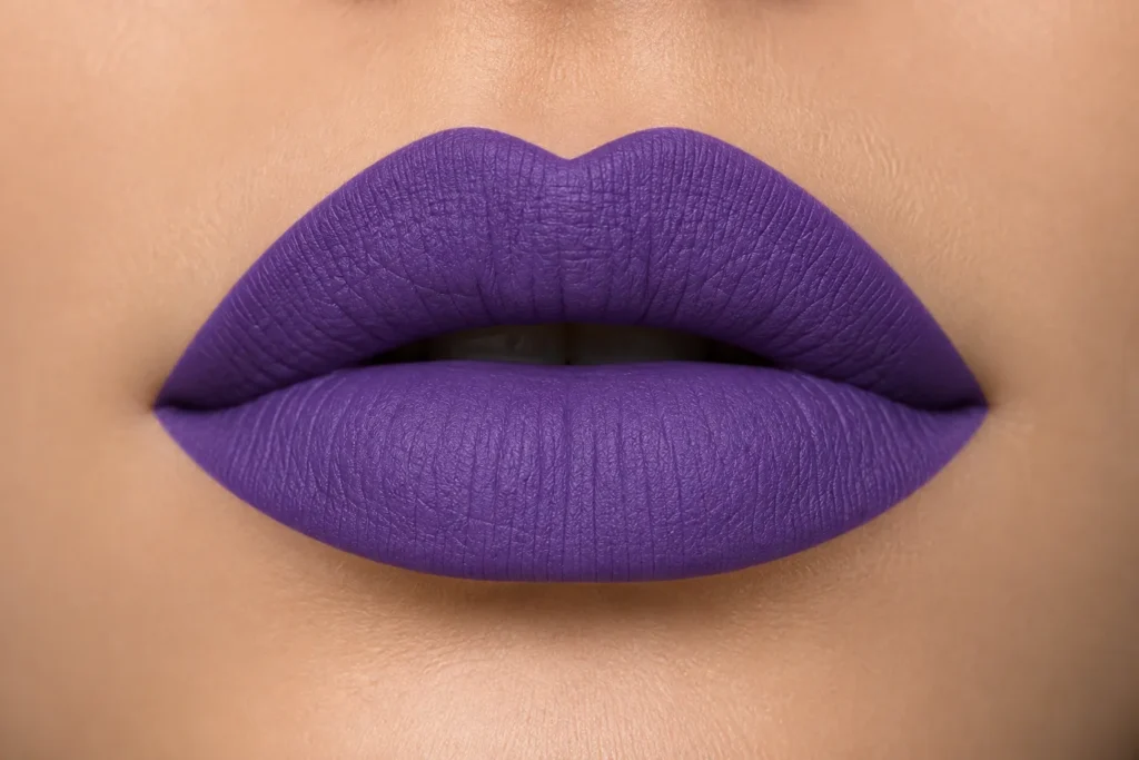 12 Ultra Violet Ideas That Look Bold and Beautiful 5 Close up of lips wearing a matte ultra violet lipstick against a soft neutral background