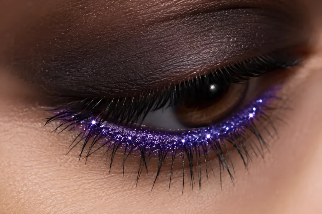 12 Ultra Violet Ideas That Look Bold and Beautiful 9 Lower lash line with sparkly ultra violet glitter eyeliner