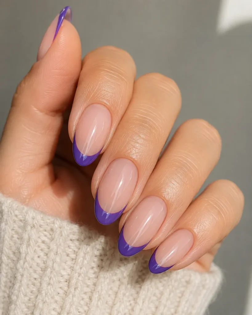 12 Ultra Violet Ideas That Look Bold and Beautiful 13 Almond shaped nails with a modern ultra violet French manicure tip