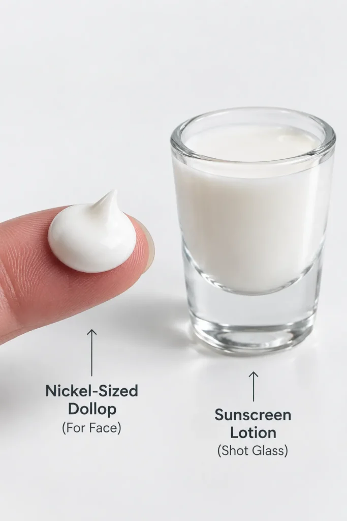 10 UV Protection Mistakes That Could Harm Your Skin 3 Correct amount of sunscreen for face and body compared to a nickel and shot glass