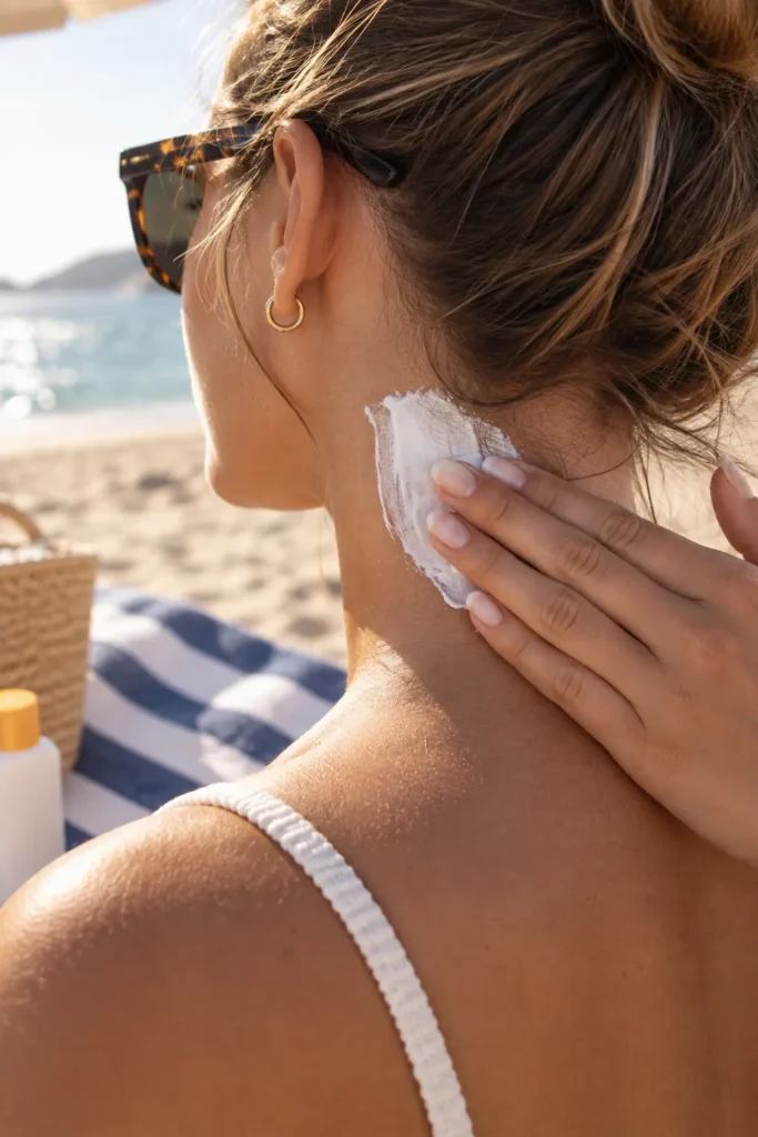 10 UV Protection Mistakes That Could Harm Your Skin 5 Applying sunscreen to the back of the neck and ears near a beach towel