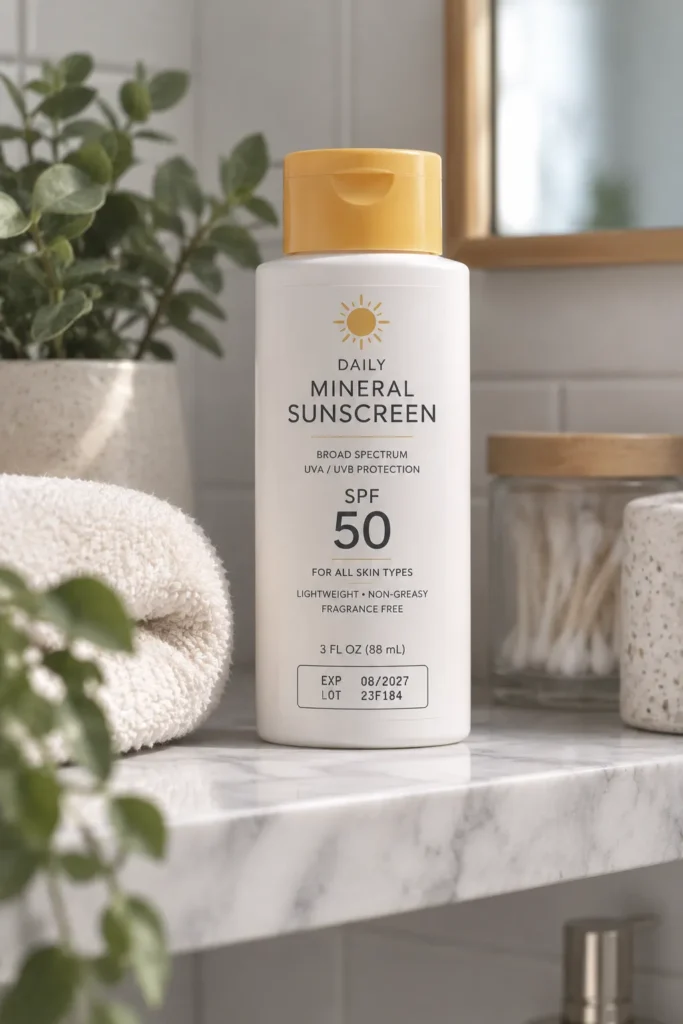 10 UV Protection Mistakes That Could Harm Your Skin 9 Sunscreen bottle with visible expiration date on a cool bathroom shelf