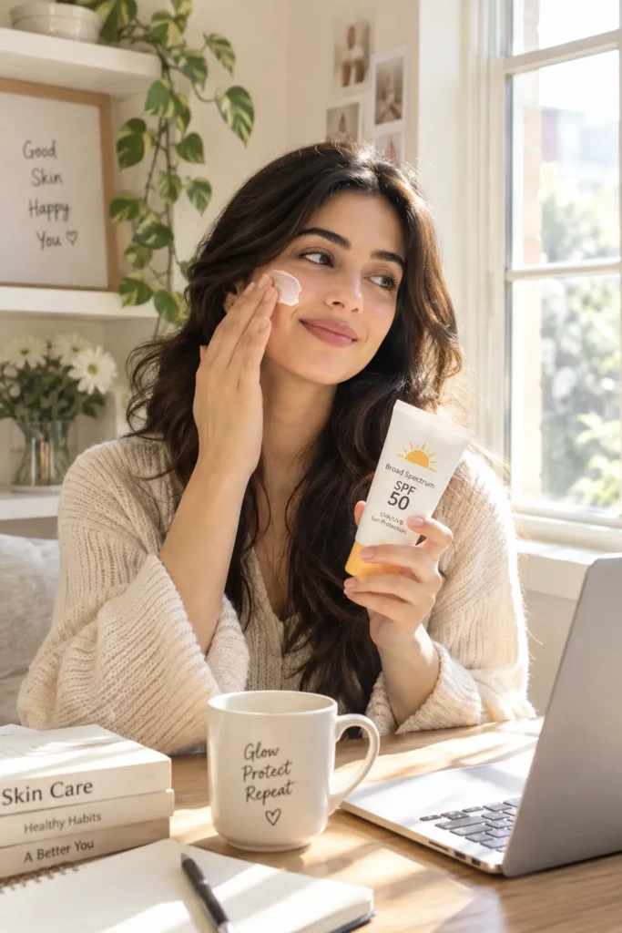 10 UV Rays Facts You Need to Know for Healthy Skin 3 Woman applying sunscreen near a sunlit indoor window at her desk