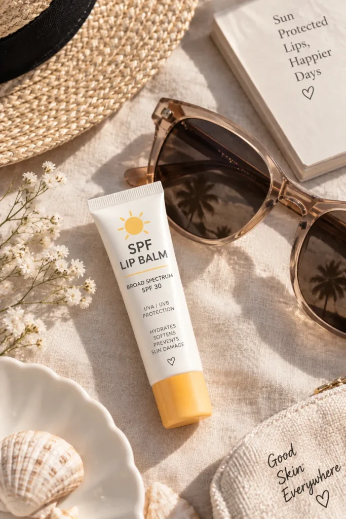 10 UV Rays Facts You Need to Know for Healthy Skin 9 SPF lip balm and UV protective sunglasses on a light surface