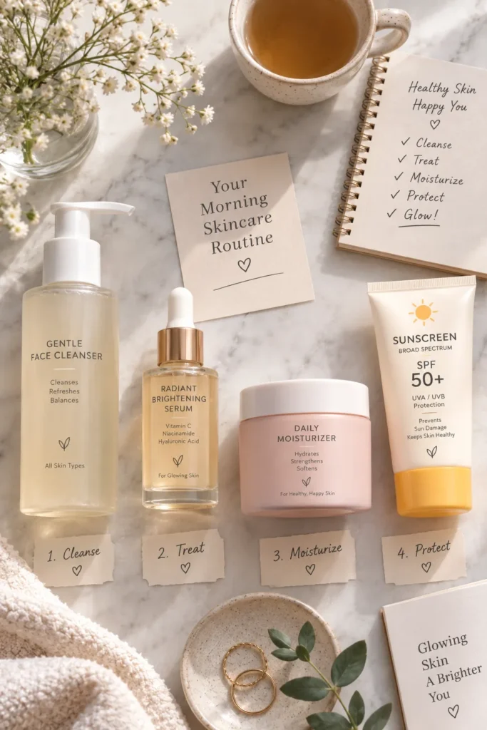 10 UV Rays Facts You Need to Know for Healthy Skin 11 Flat lay of a complete morning skincare routine with sunscreen