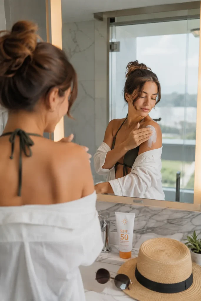 11 Vacation Sunscreen Tips for Beach Days That Actually Work 3 Woman applying sunscreen to her shoulders in a hotel bathroom before a beach day