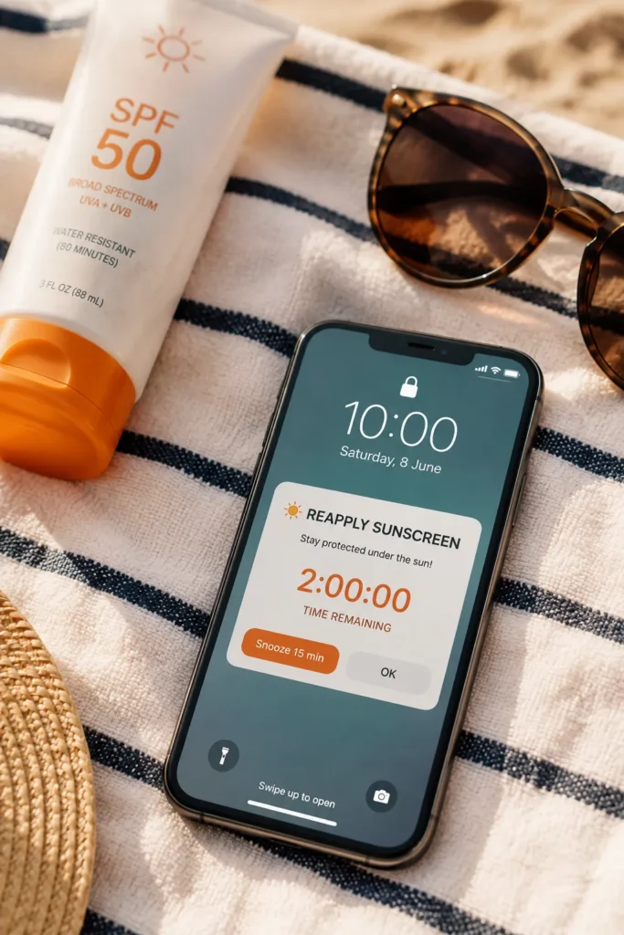 11 Vacation Sunscreen Tips for Beach Days That Actually Work 5 Phone screen showing a two hour sunscreen reapplication reminder next to a beach towel