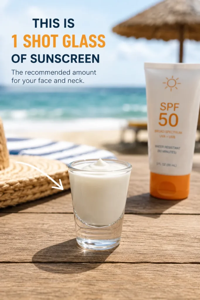 11 Vacation Sunscreen Tips for Beach Days That Actually Work 7 Shot glass of sunscreen lotion showing the correct amount for a full body application