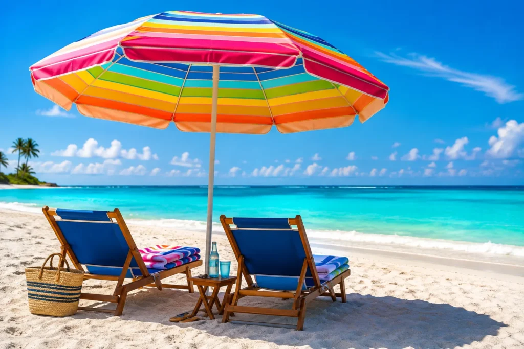 11 Vacation Sunscreen Tips for Beach Days That Actually Work 9 Colorful beach umbrella providing shade over towels and chairs at midday