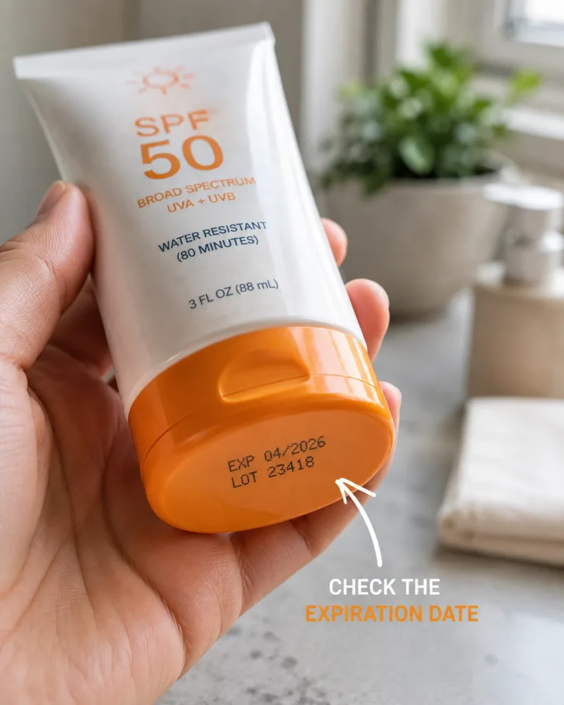 11 Vacation Sunscreen Tips for Beach Days That Actually Work 11 Hand checking the expiration date on the bottom of a sunscreen bottle