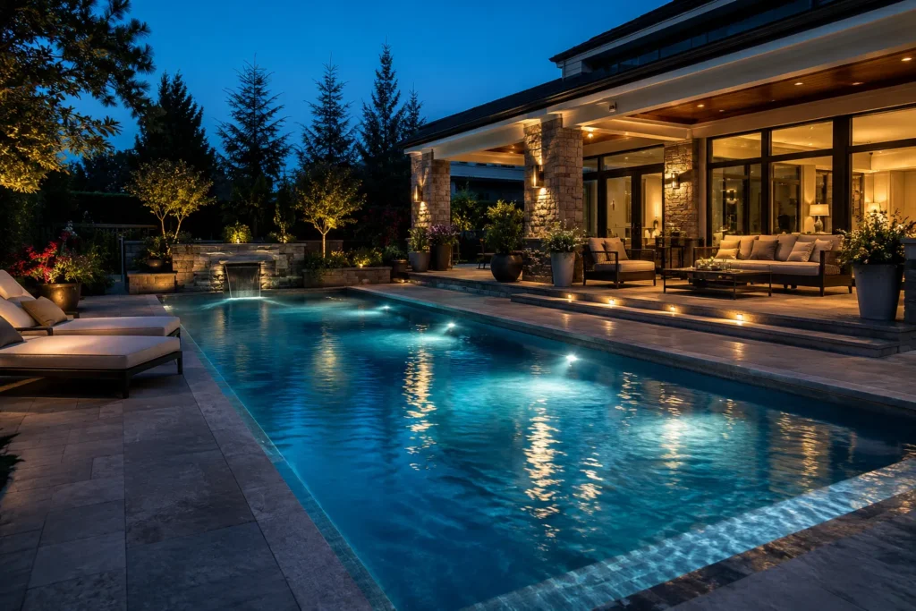10 Creative Water Lighting Ideas for a Stunning Look 3 Luxury backyard pool glowing with water lighting at blue hour