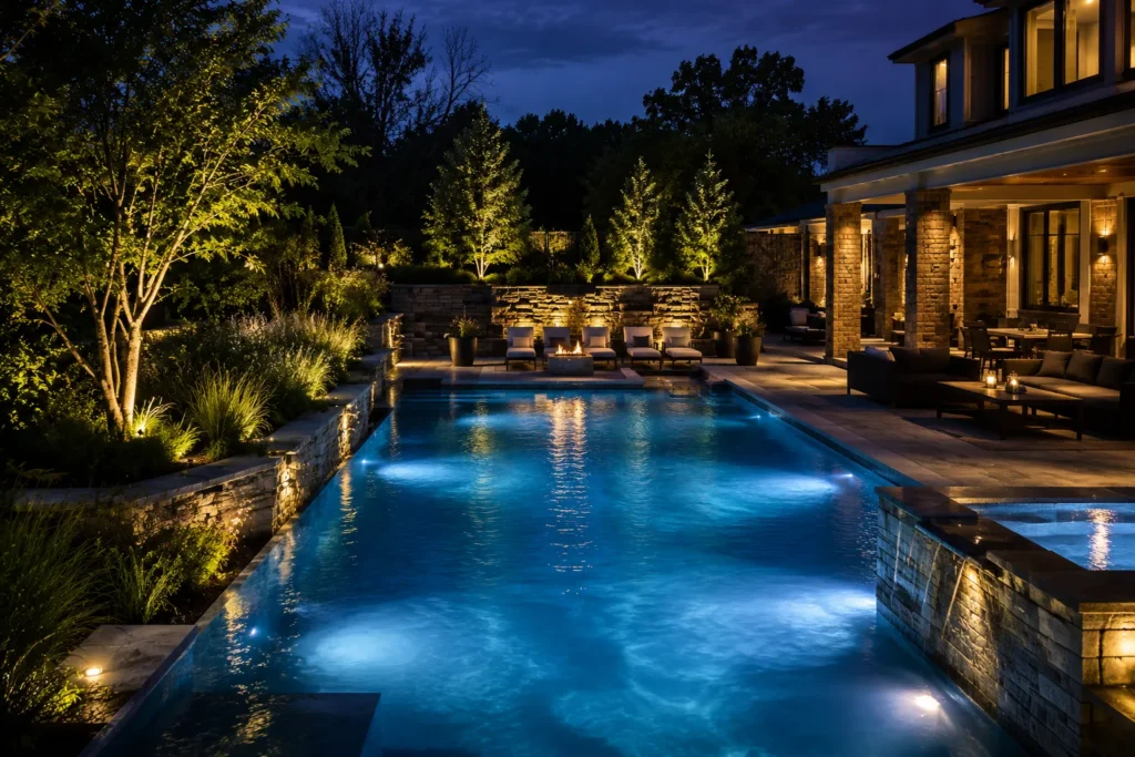 10 Creative Water Lighting Ideas for a Stunning Look 5 Pool water lighting combined with elegant landscape lighting
