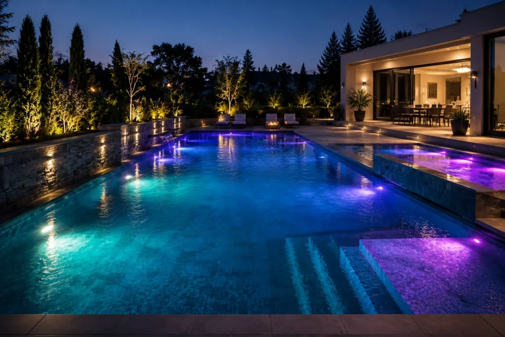 10 Creative Water Lighting Ideas for a Stunning Look 7 Color-changing LED water lighting illuminating a modern swimming pool