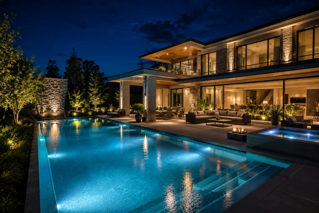 10 Creative Water Lighting Ideas for a Stunning Look 9 Modern luxury home with beautifully illuminated swimming pool
