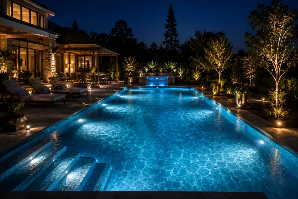 10 Creative Water Lighting Ideas for a Stunning Look 11 Luxury swimming pool transformed by elegant nighttime water lighting