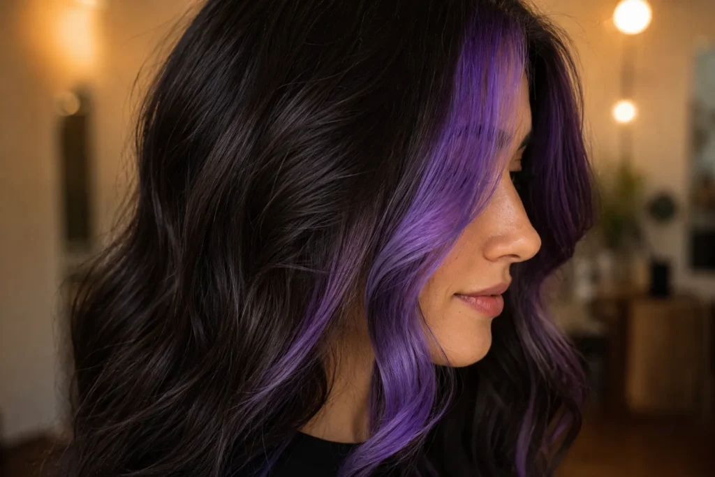 12 Ultra Violet Ideas That Look Bold and Beautiful 4 Dark hair with a face framing money piece streak dyed ultra violet
