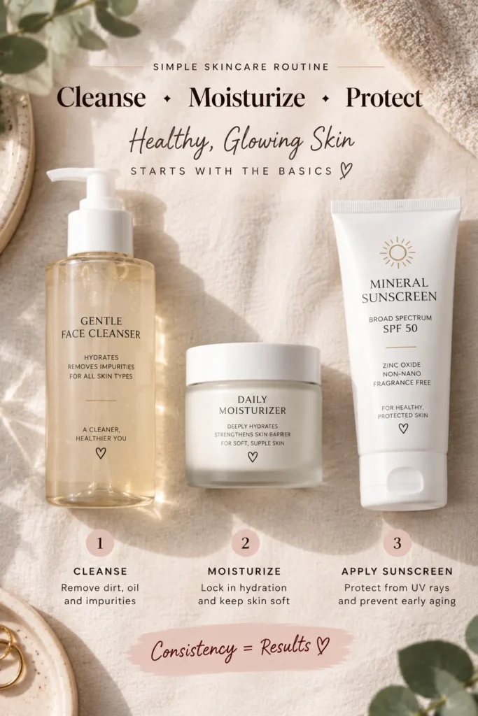 10 Physical Sunscreen Tips for Better Daily Skin Protection 11 Flatlay of skincare products in correct layering order ending with sunscreen"