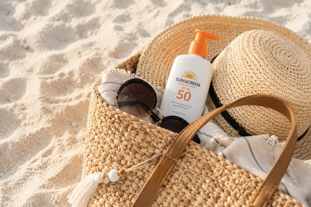 11 Vacation Sunscreen Tips for Beach Days That Actually Work 2 Beach tote bag packed with SPF 50 sunscreen, sunglasses, and a straw sun hat