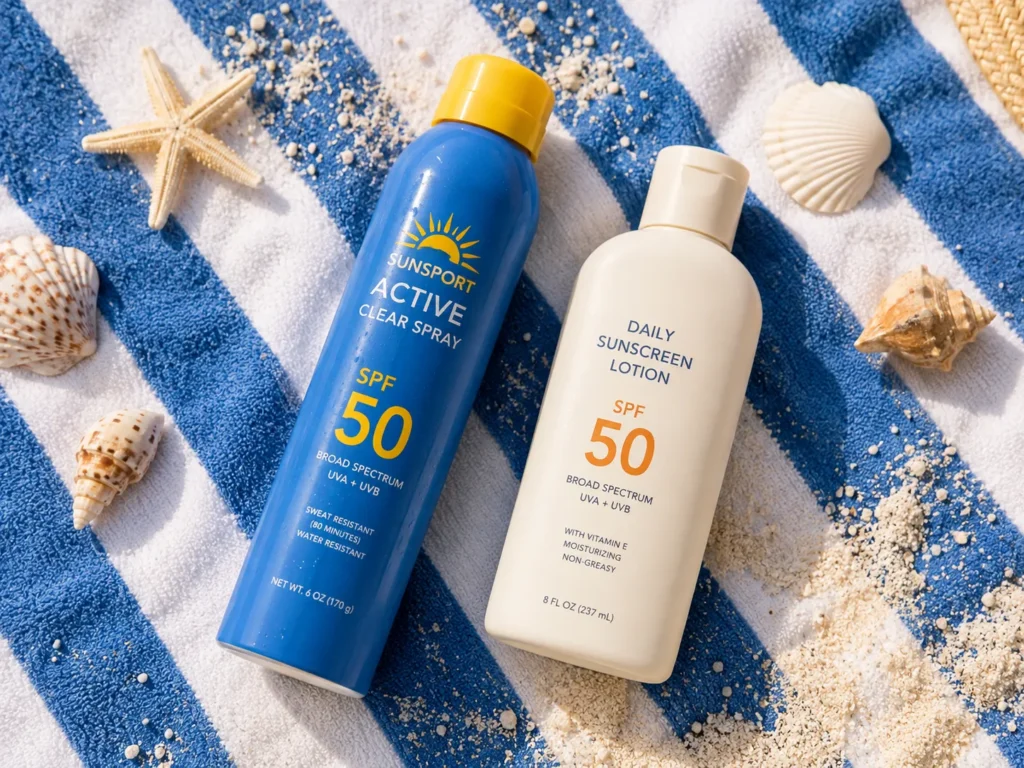 11 Vacation Sunscreen Tips for Beach Days That Actually Work 6 Sport sunscreen spray and gentle sunscreen lotion side by side on a striped beach towel