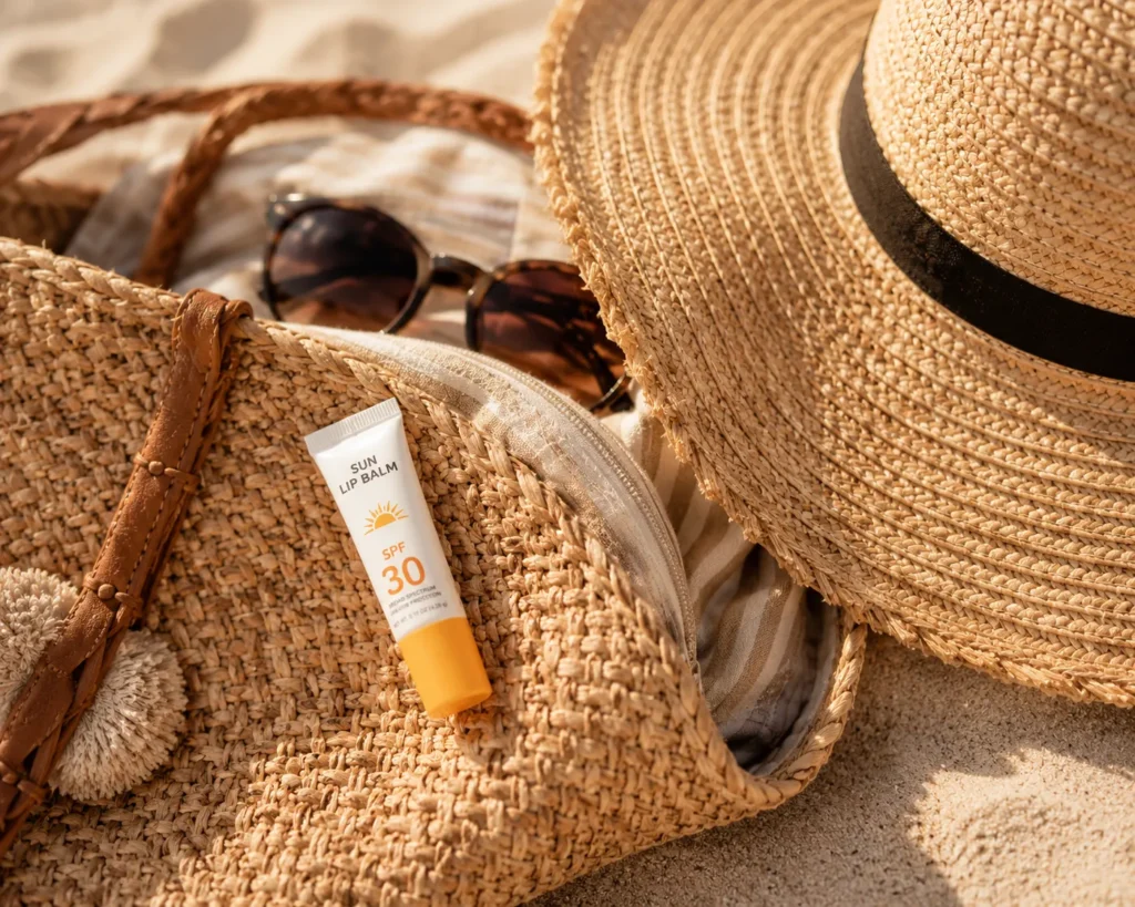 11 Vacation Sunscreen Tips for Beach Days That Actually Work 8 SPF lip balm tube resting on an open beach bag beside a wide brim sun hat