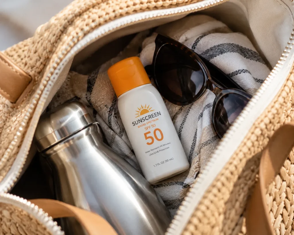 11 Vacation Sunscreen Tips for Beach Days That Actually Work 10 Small travel size sunscreen bottle packed inside a beach day bag