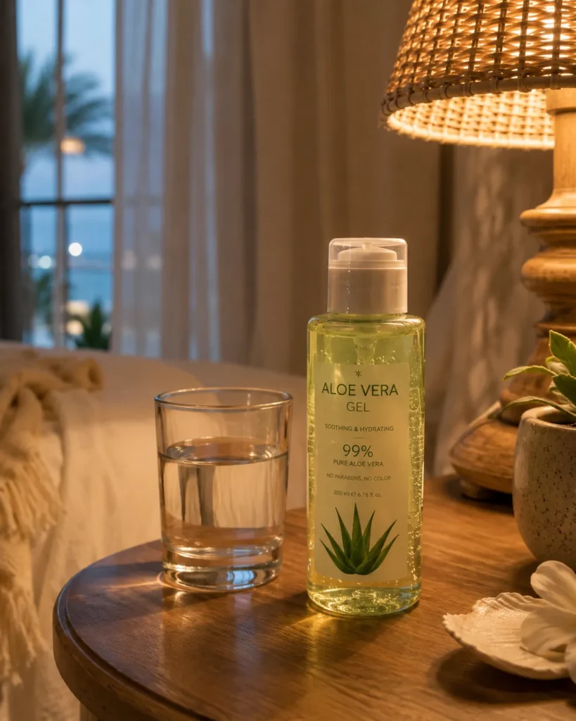 11 Vacation Sunscreen Tips for Beach Days That Actually Work 12 Aloe vera gel bottle on a nightstand beside a glass of water in a beach hotel room