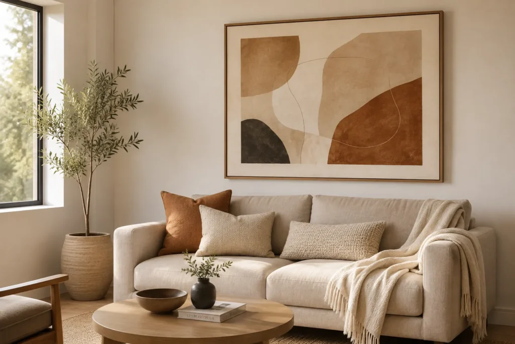 10 Less Is More Decorating Tricks You'll Love 2 Small living room with one large abstract art print above a neutral sofa as the single statement piece