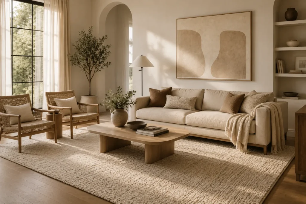 10 Less Is More Decorating Tricks You'll Love 4 Living room with one large neutral area rug anchoring a sofa and two armchairs