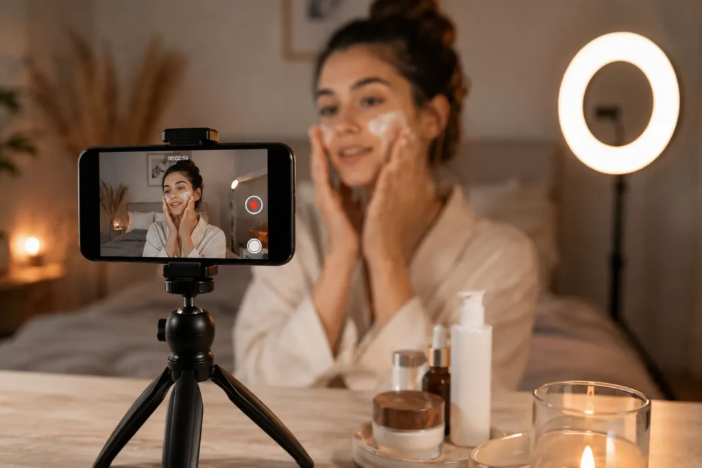 10 Beauty Business Ideas Perfect for Beauty Lovers 4 Phone on a tripod filming a skin care routine video with a soft ring light glow