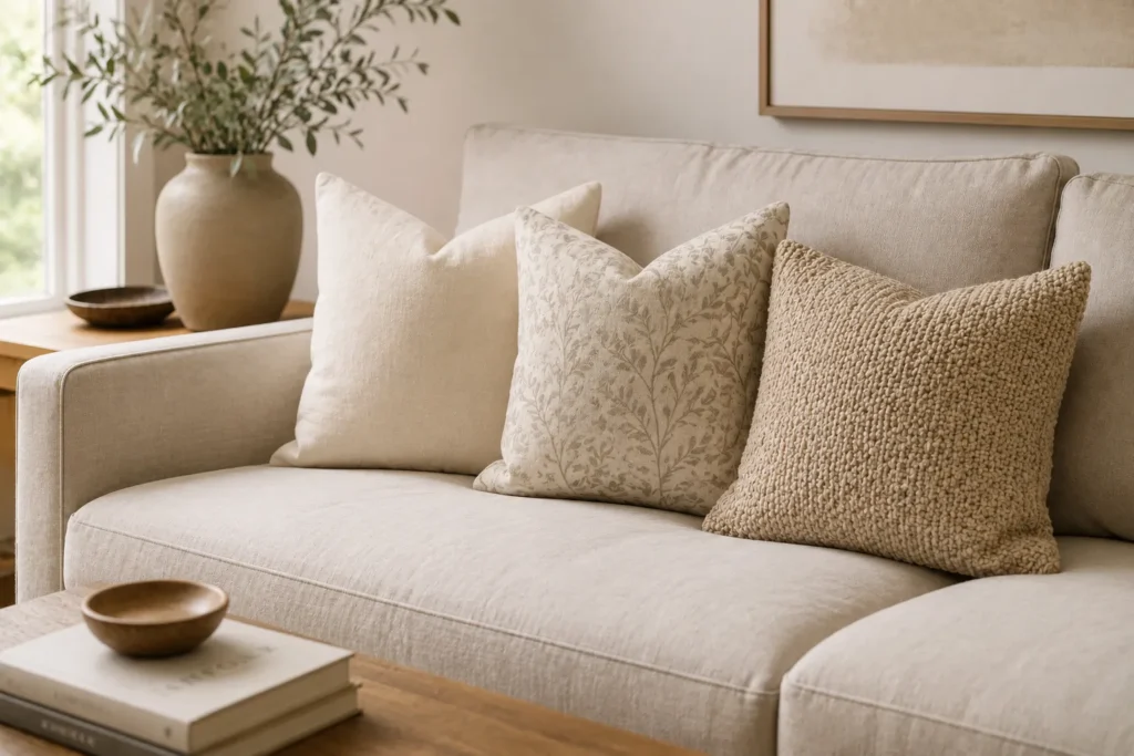 10 Less Is More Decorating Tricks You'll Love 7 Sofa styled with exactly three coordinated neutral throw pillows