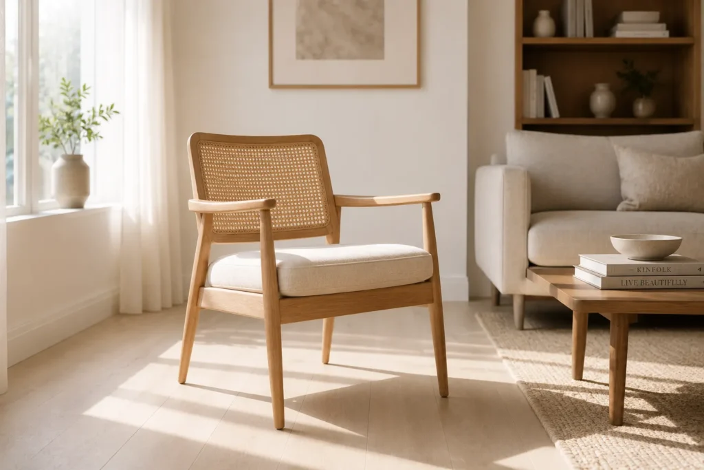 10 Less Is More Decorating Tricks You'll Love 8 Light wood accent chair with slender tapered legs in a bright airy living room