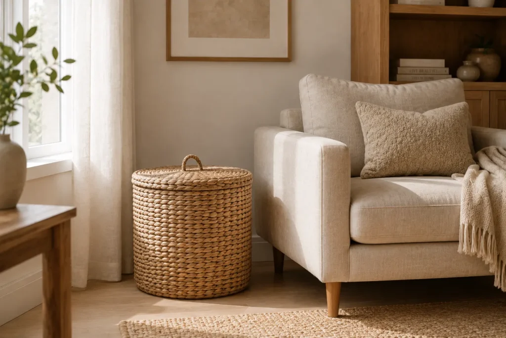 10 Less Is More Decorating Tricks You'll Love 10 Living room corner with a closed lid woven storage basket beside an armchair