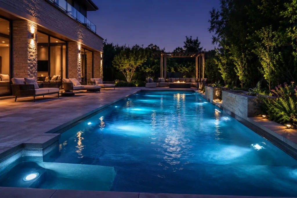 10 Creative Water Lighting Ideas for a Stunning Look 2 Modern swimming pool illuminated with elegant underwater water lighting