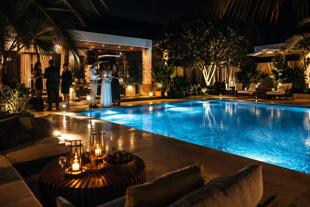 10 Creative Water Lighting Ideas for a Stunning Look 6 Luxury pool party enhanced by beautiful underwater water lighting