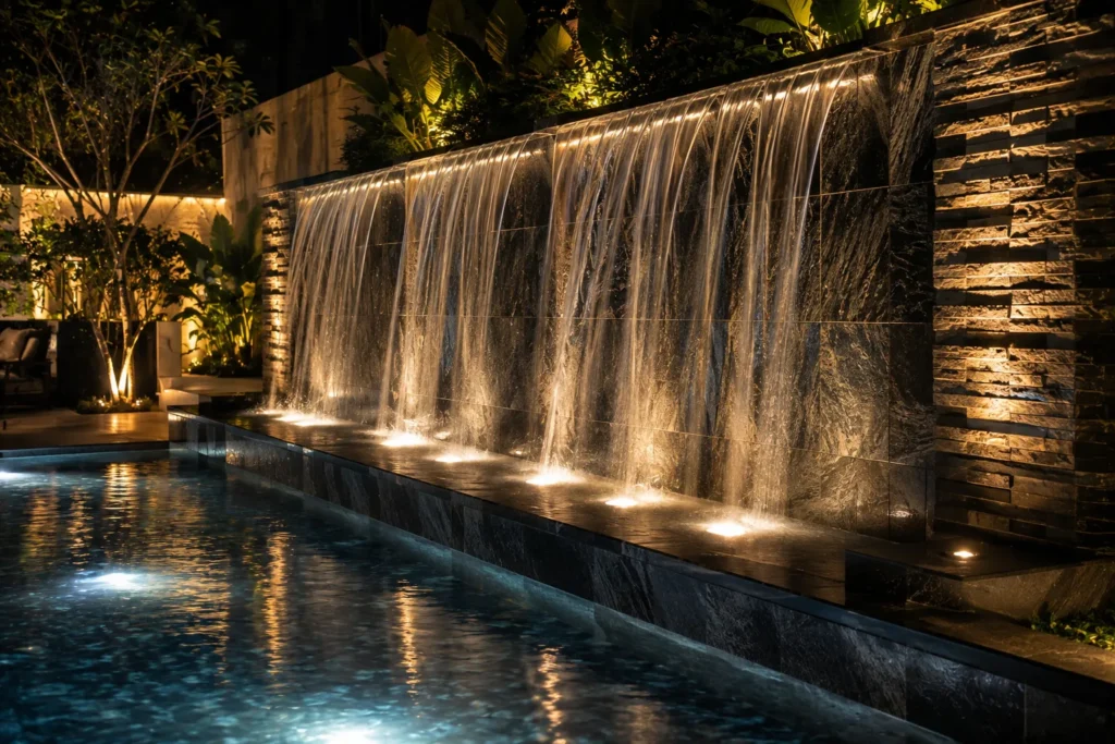 10 Creative Water Lighting Ideas for a Stunning Look 8 Illuminated waterfall and pool enhanced with elegant water feature lighting
