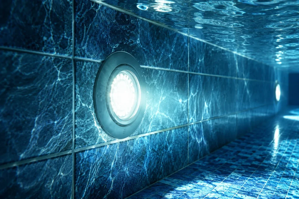 10 Creative Water Lighting Ideas for a Stunning Look 10 Close-up of a waterproof LED pool light installed underwater