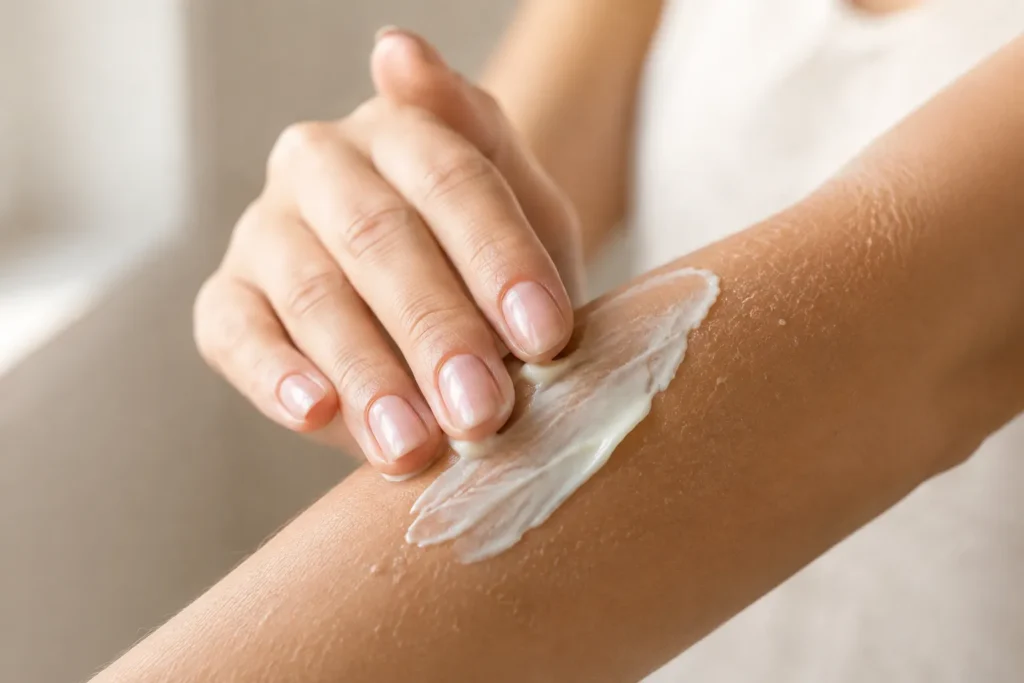 10 Skin Issues That May Reveal Hidden Problems 2 Woman applying thick moisturizer to a dry, flaky patch of skin
