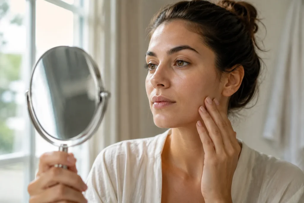 10 Skin Issues That May Reveal Hidden Problems 4 Woman checking her skin tone in natural window light