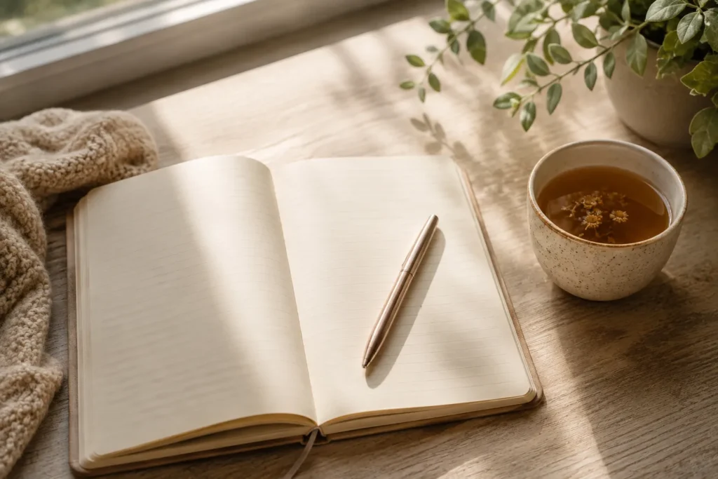 10 Skin Issues That May Reveal Hidden Problems 6 Journal and tea flat lay for tracking skin symptoms